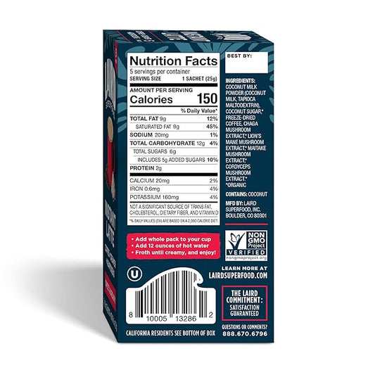 Laird Superfood Sweet and Creamy Instant Latte with Adaptogens, 5 pk Sachets