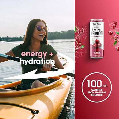 Optimum Nutrition Amino Energy Sparkling Hydration Drink, Electrolytes, Caffeine, Amino Acids, BCAAs, Sugar Free, Juicy Cherry, 12 Fl Oz, 12 Pack (Packaging May Vary)
