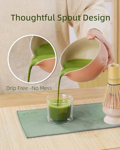 ZENS Matcha Whisk Set, Pink Ceramic Matcha Bowl with Embossed Sakura, 6pcs Matcha Tea Kit Includes Bamboo Whisk, (Chasen Holder) Scoop & Sifter, Tea Towel for Matcha Ceremony, Pink