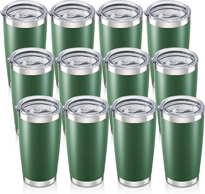 20 oz Tumbler with Lid Stainless Steel Insulated Tumblers Bulk Double Wall Vacuum Cups Powder Coated Travel Mug Keep Drinks Cold and Hot, Dark Green, 12 Pack
