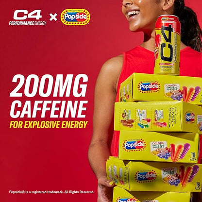 C4 Energy Drink x Popsicle Variety Pack, Carbonated Sugar Free Pre Workout Performance Drink with no Artificial Colors or Dyes, 3 Flavors - Grape, Hawaiian Pineapple, and Cherry, 16 Oz, Pack of 12
