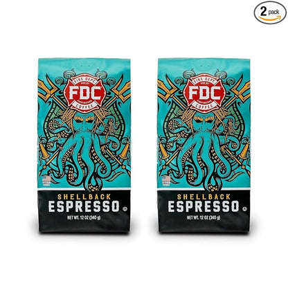 Fire Department Coffee - Gives Back to Firefighters - Shellback Espresso Ground Coffee - Bold & Smooth - Roasted in the USA - Dark Roast Espresso - Veteran Owned (12 oz, Pack of 2)