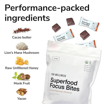 For Wellness Superfood Focus Bites (10 Count), Cocoa Espresso Brownie – Reduces Fatigue, Improves Digestion & Support Brain Function