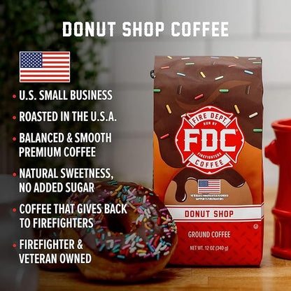 Fire Department Coffee - Gives Back to Firefighters - Sweet & Smooth Donut Shop Ground Coffee - Medium Roast - Roasted in the USA - Veteran Owned - 12 oz