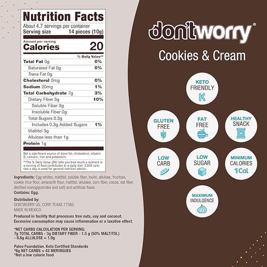 Don't Worry Low Calorie Meringue Cookies - 6 Pack - Cookies & Cream, Just 1 Calorie per Piece | Low Sugar Candy, Gluten Free, Protein Snacks | Keto Friendly and Healthy Snacks for Adults
