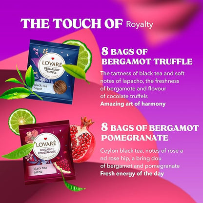 LOVARE Bergamot Assorted Tea Variety Pack 32 Pack, 4 Tastes - Made in Ukraine - Black Tea Bags Individually Wrapped - Assorted Tea Bags Variety Pack with Vanilla, Truffle, Mango, Pomegranate Flavors