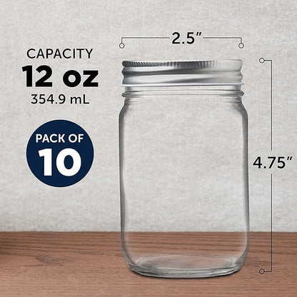 DISCOUNT PROMOS 10 Decorating Mason Jars Set, 12 oz. - Canning, Aluminum Lid - Clear