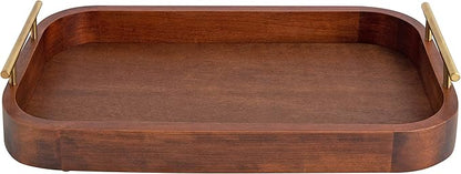 Kate and Laurel Lipton Mid-Century Rectangle Wood Tray, 10" x 18, Walnut Brown and Gold, Decorative Accent with Rounded Edges