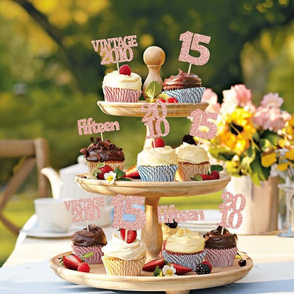 Gyufise 24Pcs 15th Birthday Cupcake Toppers Glitter Fifteen Vintage 2010 Hello 15 Years Birthday Cupcake Picks Sweet 15 Cake Decorations for Happy 15th Anniversary Party Supplies Rose Gold
