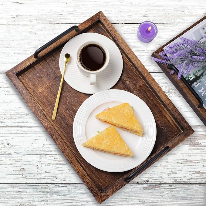LIBWYS Rustic Wooden Serving Trays with Handle-Set of 2-Decorative Nesting Food Board Platters for Breakfast, Coffee Table/Butler (Large 15.8x11.8x1.2 inches, Small 13.4x9.4 x1.2 inches)