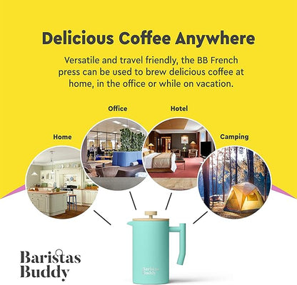 French Press Coffee Maker - Insulated, Stainless Steel Manual Coffee Makers For Home, Office Or Camping - Large 34oz Capacity For 4 Cups