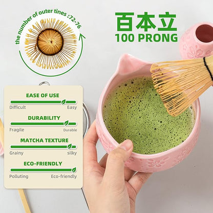 TEANAGOO 7-PCS Pink Matcha Whisk Set with Cherry Blossom Design, Complete Ceremony Kit, Ceramic Chawan Bowl with Spout, Whisk & Accessories, Traditional Matcha Tea Set for Lattes& Gift Giving