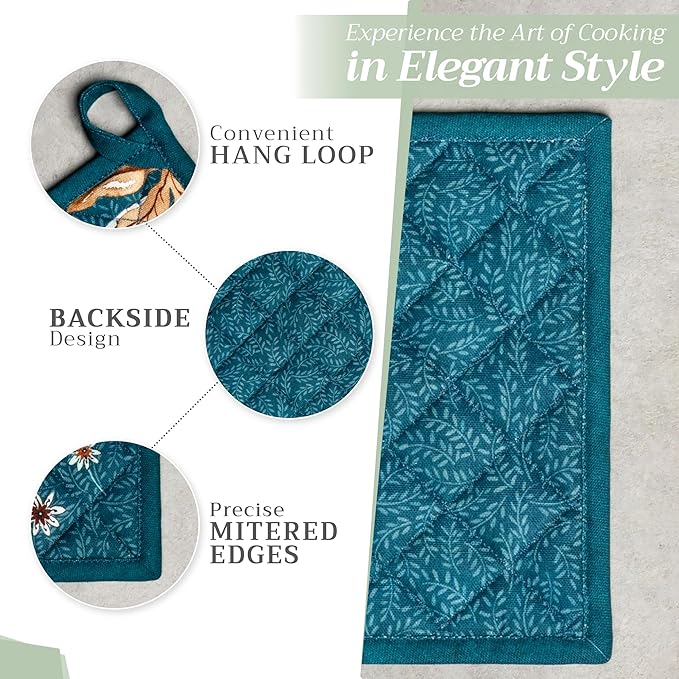 Maison d' Hermine Pot Holders 100% Cotton Heat Resistant Potholders 8" x 8" Hot Pads with Loop BBQ, Cooking, Baking, Grilling, Kitchen, Handling Hot Pans (Pack of 1, Luxury Loft-Dark Teal)