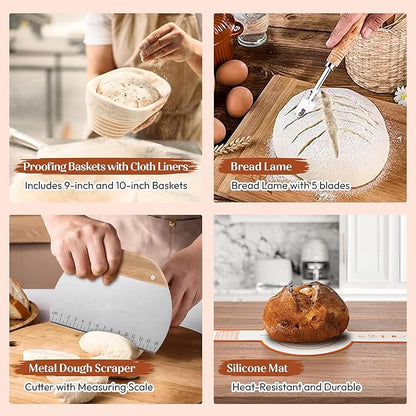 Sourdough Starter Kit with 9” Round & 10” Oval Banneton Bread Proofing Baskets, 24oz Starter Jar, Recipe Book & Tools – Complete Sourdough Bread Baking Supplies with Whisk, Scraper & Accessories