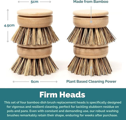 Jungle Culture Firm Bristle Replacement Brush Heads for Eco Dish Brushes • Wooden Kitchen Washing Up Brush Heads Pack of 4 • Interchangeable Bristle Refills • Dish Scrubbers • Zero Waste Cleaning