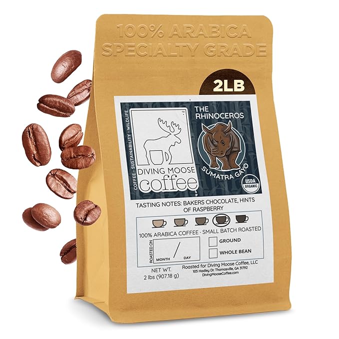 Diving Moose Coffee - The Rhinoceros Sumatra Gayo USDA Organic Medium Dark Roast (32oz / 2 LB) - Bakers Chocolate Raspberry Specialty Grade Small-Batch Roasted to Order Smooth Not Bitter