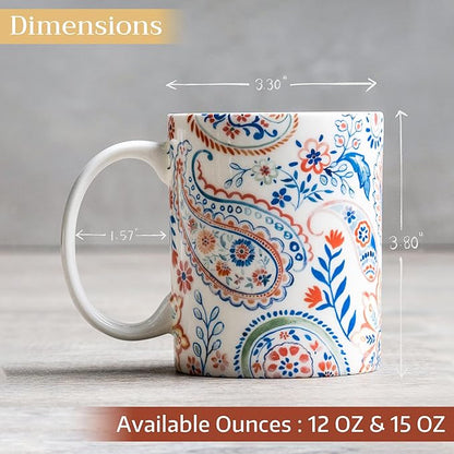 Maison d' Hermine Coffee Mug with Handles Fine Bone China Mugs Pack of One Tea Cups for Hot Beverages Cappuccino Latte Home Restaurant Office Perfect for Gift (Indian Floral - Paisley, 15 Ounce)