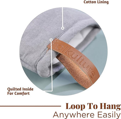 Folkulture Mini Oven Mitts Heat Resistant | (5.75x9) Set of 2 Short Grey Oven Mitts with Hanging Loop | 100% Cotton Oven Gloves or Kitchen Mittens | Small Oven Mitt Set, Grey Scallop Oven Mits