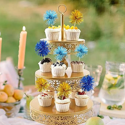 Gyufise 30Pcs Foil Firework Cupcake Toppers Sparkle Tinsel Cake Toppers Tinsel Drink Cake Decoration Cocktail Picks for Birthday Wedding Graduation Party Supplies Gold Light Dark Blue