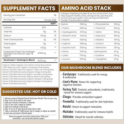 PowderVitamin Organic Mushroom Coffee Certified Mold & Mycotoxin-Free GrassFed Collagen Types I & III 8 Fruiting Body Mushrooms Tested for Beta-Glucans Focus Energy Digestion & Immunity 30 Servings