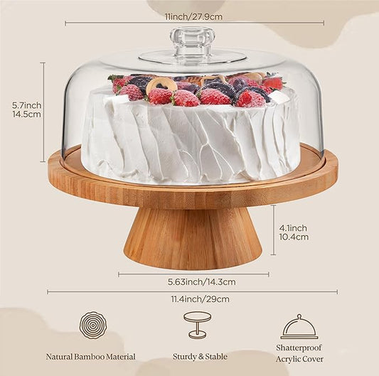 HBlife Cake Stand with Lid (11.4"), Multifunctional Cake Stand with Acrylic Dome, Bamboo 6-in-1 Cake Plate Display Stand with Cover for Baking Gifts, Birthday Kitchen Parties, Weddings