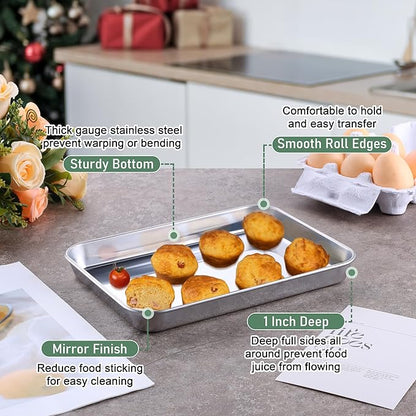 Toaster Oven Pan with Rack Set (2 Small Baking Sheets+2 Grill Racks), 9 x 7 Inch Stainless Steel Small Cookie Sheets Bacon Tray with Grid Cooling Racks for Baking Roasting Grilling, Dishwasher Safe