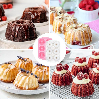 Mini Bundt Cake Pans for Baking, 2Pcs Silicone 6-Cavity Fluted Tube Cake Pan with Metal Reinforced Frame, Nonstick Baking Molds for Cupcake, Brownie, Donuts, Cornbread, Jello