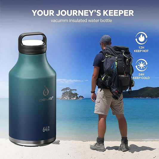 IDEUS Insulated Stainless Steel Water Bottle with 2 Leak-Proof Lids, Thermal Water Flask for Hiking Biking, 64oz, Green