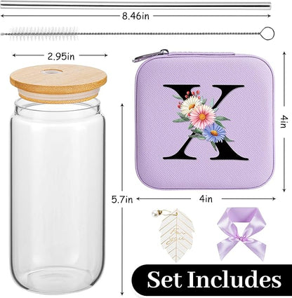 AYGXU Personalized gifts for bridesmaid,16oz glass cups with lid and straw,Jewelry Organizer,Graduation Travel Gifts for Women,Personalized Travel Mini Jewelry Case,Initial X purple