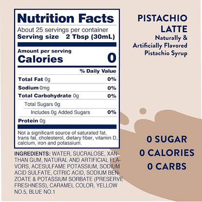 Jordan's Skinny Syrups Sugar Free Coffee Syrup, Pistachio Flavor Drink Mix, Zero Calorie Flavoring for Chai Latte, Protein Shake, Food & More, Gluten Free, Keto Friendly, 25.4 Fl Oz, 1 Pack