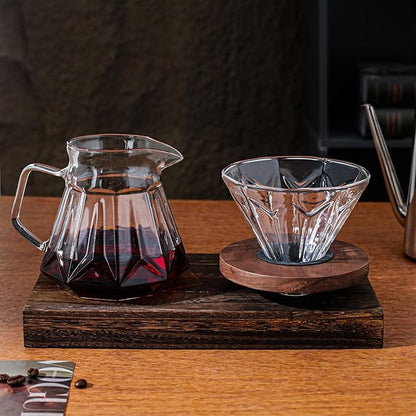 Pour Over Coffee Maker Set, 21 oz/620ml Glass Pour Over Coffee Dripper Filter Coffee Maker Kit Manual Grinder with Walnut Handle for Home Office Cafe Restaurant Camping (Clear)