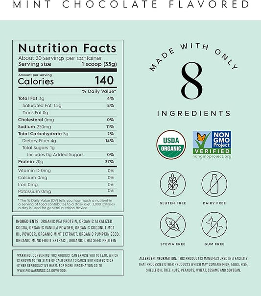 Truvani Vegan Pea Protein Powder | Mint Chocolate | 20g Organic Plant Based Protein | 20 Servings | Keto | Gluten & Dairy Free | Low Carb | No Added Sugar