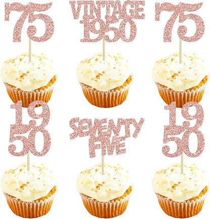 Gyufise 24Pcs 75th Birthday Cupcake Toppers Glitter Cheers to 75 Fabulous Seventy Five Vintage 1950 Cupcake Picks 75th Birthday Wedding Anniversary Party Cake Decorations Supplies Rose Gold