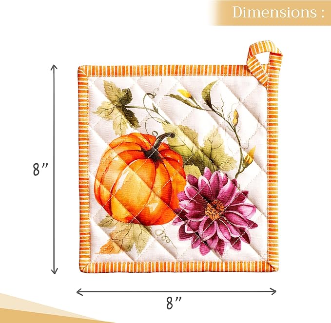 Maison d' Hermine Pot Holders set 100% Cotton Heat Resistant Potholders 8" x 8" Hot Pads with Loop BBQ, Cooking, Baking, Grilling, Kitchen, Handling Hot Pans (Pack of 2, Pumpkin Garden - Cloudy Cream)