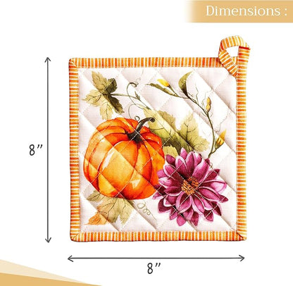 Maison d' Hermine Pot Holders set 100% Cotton Heat Resistant Potholders 8" x 8" Hot Pads with Loop BBQ, Cooking, Baking, Grilling, Kitchen, Handling Hot Pans (Pack of 2, Pumpkin Garden - Cloudy Cream)