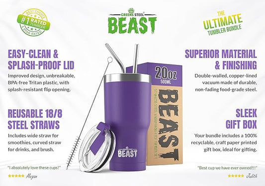 Beast 20 oz Tumbler Stainless Steel Vacuum Insulated Coffee Ice Cup Double Wall Travel Flask (Purple)