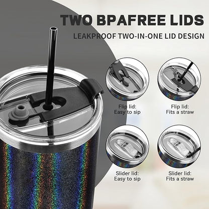 30 oz Tumbler with Lids and Straws, Stainless Steel Insulated Coffee Tumbler, Double Wall Vacuum Insulated Travel Mug Cup, Leakproof Thermal Coffee Cup for Hot and Cold Drinks (Glitter Black)