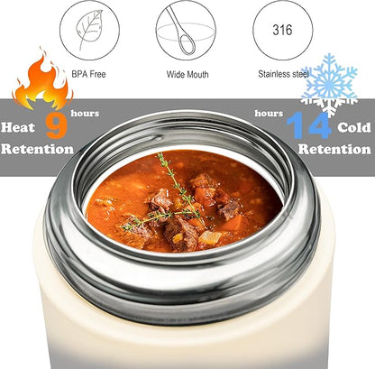 Soup Thermo for Hot Food & Drinks, Thermo Lunch Box for Kids, 17oz Vacuum Insulated Food Container with Spoon&&Drawstring Bag, Soup Therm for Adults,Black&White