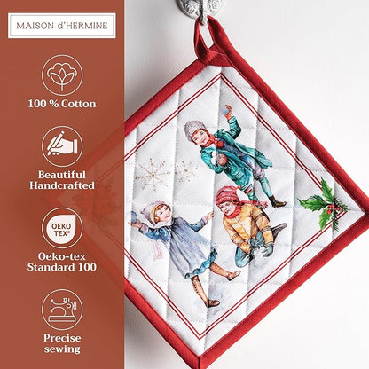 Maison d' Hermine Pot Holders Set 100% Cotton Heat Resistant Potholders 8" x 8" Hot Pads with Loop BBQ, Cooking, Baking, Grilling, Kitchen, Handling Hot Pans (Pack of 2, Chromo)