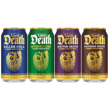 Liquid Death, Soda-Flavored Sparkling Water Variety Pack, 12-Pack (12oz Cans), Low Sugar, Huge Flavor & No Artificial Sweeteners, 4 Flavors: Severed Lime, Doctor Death, Killer Cola, and Rootbeer Wrath
