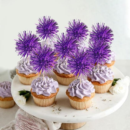 40 PCS Foil Firework Cupcake Toppers Fireworks Cupcake Picks Sparkle Tinsel Cake Decorations Cocktail Fruit Toothpick for Firework Theme Birthday Wedding Graduation Party Decorations Supplies Purple