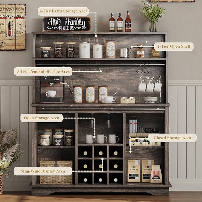47 Inch Farmhouse Coffee Bar Cabinet with 3-Tier Storage, Kitchen Hutch with 9 Wine Racks & 3 Glass Holders, Coffee Bar with 6 Hooks, Wine Bar Cabinet for Dining Living Room, Rustic Oak