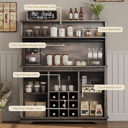 47 Inch Farmhouse Coffee Bar Cabinet with 3-Tier Storage, Kitchen Hutch with 9 Wine Racks & 3 Glass Holders, Coffee Bar with 6 Hooks, Wine Bar Cabinet for Dining Living Room, Rustic Oak
