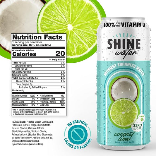ShineWater Coconut Lime Vitamin D Electrolyte Drink | Zero Sugar Hydration Beverage with Magnesium, Zinc & Antioxidants | Low Calorie Plant-Based Vitamin Water | 12 Pack