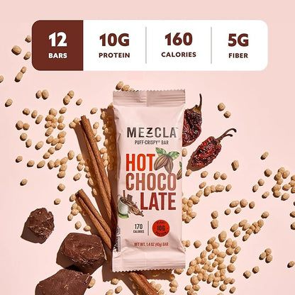 Mezcla Puff Crispy Protein Bars, Gluten Free & Vegan Protein Bars, 10g Protein, Alt for Crispy Rice Treat, Granola Bars & Breakfast Bars, Healthy Snacks for Adults, Hot Chocolate, 12 Pack