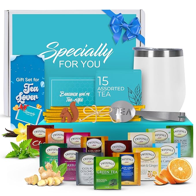 Tea Gifts for Women – Sampler Gift Basket with 15 Unique Blends, Honey Sticks, Stainless Tumbler & Gift-Ready Box (White)