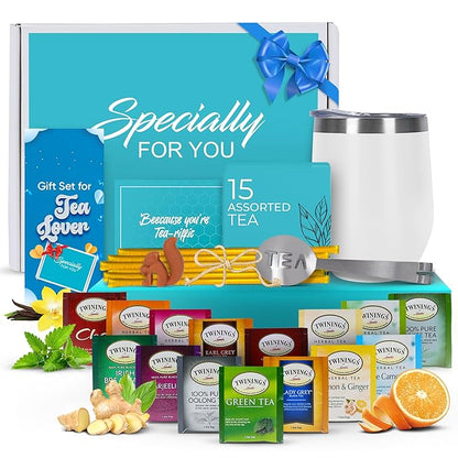 Tea Gifts for Women – Sampler Gift Basket with 15 Unique Blends, Honey Sticks, Stainless Tumbler & Gift-Ready Box (White)