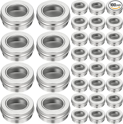 Zubebe 100 Pcs Aluminum Tin Jar Refillable Containers Clear Top Screw Lid Round Tin Container Bottle for Cosmetic, Cream, Diamond Painting, Salves, Balms, Lip Balm, Spices or Others, Silver (2 oz)