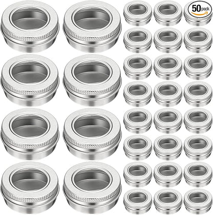 Zubebe 50 Pcs Aluminum Tin Jar Refillable Containers Clear Top Screw Lid Round Tin Container Bottle for Cosmetic, Cream, Diamond Painting, Salves, Balms, Lip Balm, Spices or Others, Silver (1 oz)