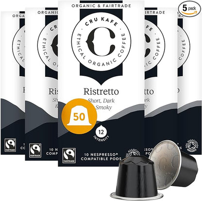 Cru Kafe Ristretto USDA Organic Espresso Coffee Capsules (50 Pods) Fairtrade Coffee Pods Compatible with Nespresso Original Line and Pixie Machines